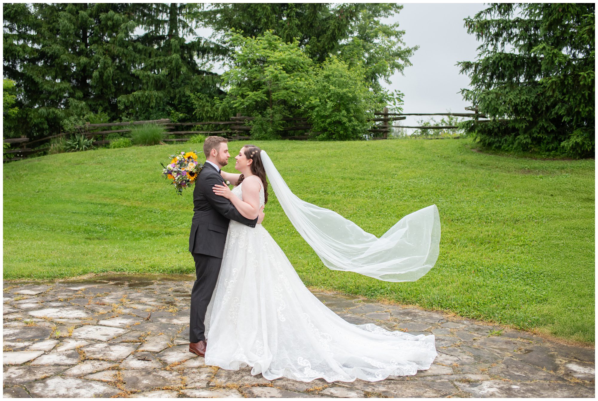 Bride and groom nose to nose as the brides veil flies behind her at Bellamere Winery in London Ontario