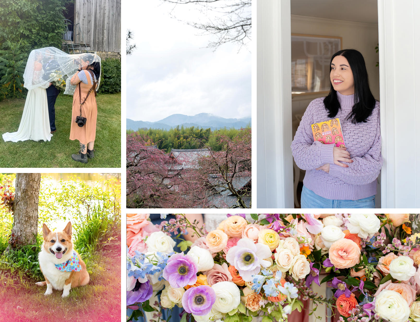 A selection of Michelle's favourite things. A behind the scenes wedding photo, Japan landscape, promotional photo with Drag Race notebook.